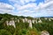 Sandstone rock towers in green forest area