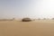 A sandstorm giving a mysterious atmosphere to the already bizarre landscapes of the White Desert National Park in Egypt