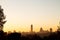 Sandton skyline at sunrise with trees silhouette