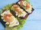 Sandwich avocado red fish egg lunch lemon gourmet blue wooden appetizer rustic