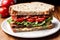 Sandwich with bacon, cheese, tomato and lettuce on wooden table. Generative AI