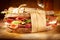 Sandwich with bacon and vegetables on vintage wooden board