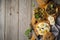 Sandwich from bread or bagels with tapenade, olives and boiled chicken eggs on an old wooden background. Selective focus. Top view