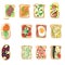 Sandwich breakfast toast set bread slices toasted crust sandwich with butter fried flat cartoon sandwich meat, fish, egg