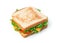 Sandwich with cheese, turkey and fresh vegetables on a white background.