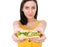 Sandwich. Close up young woman holding sandwich. Fast food, delicious snack, isolated on white background. Focus on sandwich