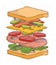 Sandwich concept ingredients. Bread, salad, tomato, cheese, bacon, onion, Colorful hand drawn vector illustration.