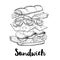 Sandwich constructor. Flying ingredients with big chiabatta bun. Hand drawn sketch style vector illustration. Fast and street food