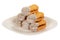 Sandwich cookies with coconut, oval shaped filled with chocolate cream