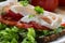 sandwich from dark wholemeal rye bread with tomatoes, green salad and chicken breast fillet, garnished with sour cream and