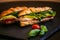 Sandwich with delicatessen cheese and fresh leaves salad