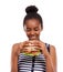 Sandwich, delicious and woman eating fast food and happy with lunch meal isolated on a white studio background