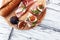 Sandwich with figs and prosciutto. Antipasti gourmet bruschetta