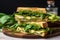 a sandwich filled with chicken and pesto spring greens