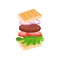 Sandwich with flying ingredients bread slices, lettuce leaf, tomatoes, grilled cutlet and onion rings. Fast food. Flat