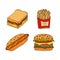 Sandwich, hamburger, cheeseburger, hot dog and fried potatoes. C