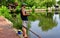 Sandwich, MA: Man Fishing in Grist Mill Pond