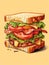 Sandwich is placed on yellow background, with bread and meat visible. The sandwich has been cut in half, revealing its