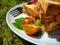 Sandwich plate of toast, minced meat, and vegetables on the grass