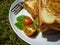 Sandwich plate of toast, minced meat, and vegetables on the grass