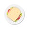 Sandwich on plate top view. Slice of bread with cheese, tomato, salad, ham