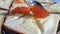 Sandwich with red caviar eating slice spoon baguette seafood premium luxurious