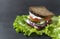 Sandwich with rye bread, soft cheese, tomato slices, onion, cucumber on a leaf of green salad on a black background