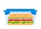 Sandwich with sausage lettuce cheese tomato loaf in plastic lunch box container vector