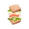 Sandwich on square slices of bread with red fish. Vector illustration on white background.