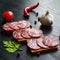 Sandwich of thinly sliced spicy salami on bread on a dark wooden background