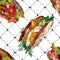 Sandwich in a watercolor style. Watercolour fast food illustration element. Seamless background pattern.