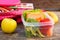 Sandwiches, fruits and vegetables in food box, backpack