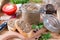 Sandwiches with homemade chicken liver pate closeup on rustic wooden table