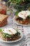 Sandwiches with pesto  poached eggs and green salad