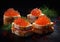 Sandwiches with red salmon trout caviar on black.Macro.Ai Generative