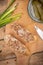 Sandwiches with rillettes, meat pate on a wooden cutting board. Rustic composition with spread meat product, top view.