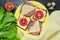 Sandwiches with tomatoes, sausage and cheese on a yellow plate. Lettuce leaves and quail eggs. Breakfast concept, still life.