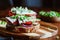 Sandwiches with turkey meat and fresh vegetables served with microgreens on a wooden plate