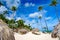 Sandy beach and beach chaise lounges under palm umbrellas