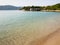 Sandy beach and clear blue water of Whale Island, Vietnam