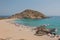 Sandy beach on coast of sea gulf. Cala Mesquida, Menorca, Spain