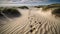 Sandy Beach With Dunes, Green Seagrass, And Footprints Leading To The Ocean - Generative AI