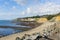 Sandy beach and eroded cliffs on the Pacific Ocean coastline, Moss Beach, Fitzgerald Marine Reserve, California