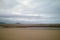 A sandy beach exposed by a receding tide.