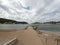 Sandy beach landscape of Meditteranean sea coast and mountain background in Port de Soller, Palma de Mallorca, Spain, Europe