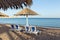 Sandy beach with palm trees with a metal pergola and plastic sun loungers. A sun lounger under an umbrella