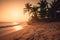 Sandy beach with palm trees at sunset time. Generative AI