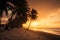 Sandy beach with palm trees at sunset time. Generative AI
