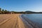 Sandy beach of Port-Grimaud, Gulf of Saint-Tropez in summer, Var, French Riviera, France