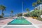 Sandy beach promenade and water fountains at Estepona in Southern Spain